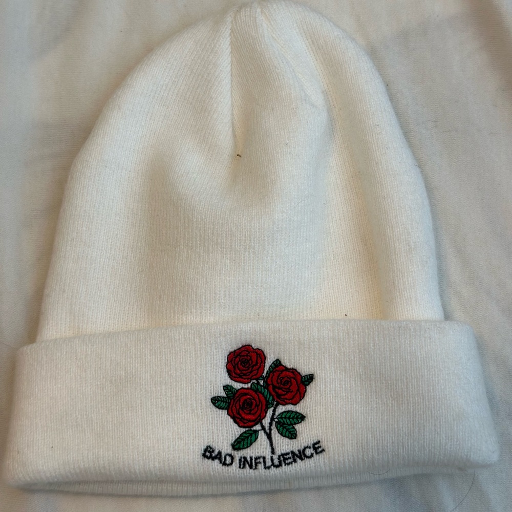 White Beanie with Embroidered Roses